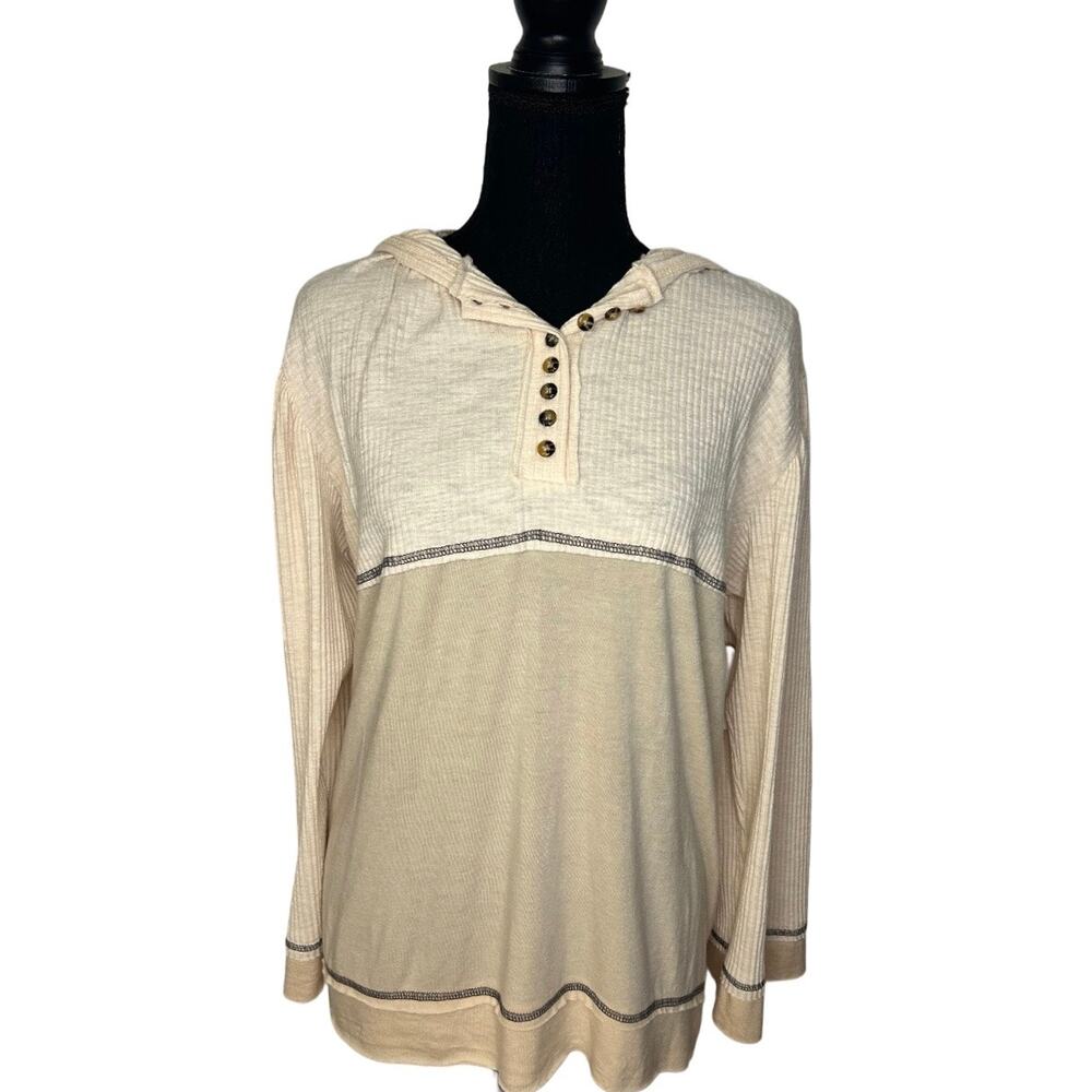 POL Cream Boho Oversized Henley Hooded Sweatshirt | Size S